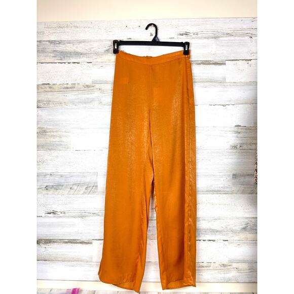 Lucy Paris Women’s XS tan gold Flat Front Celine Wide-Leg Silky Pull-On Pant NEW - Picture 2 of 8